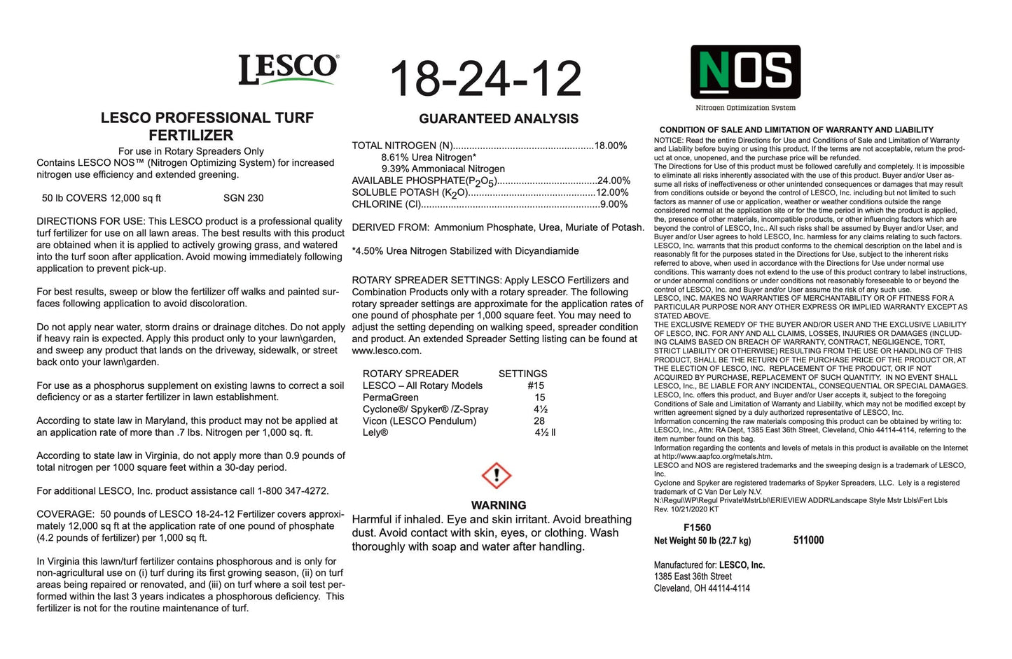 Lesco Starter Fertilizer 18-24-12 with NOS 50 lb. Bag