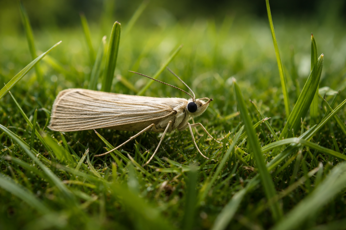 Lawn moth resting on grass as part of a guide on the best insecticide for lawn moths.