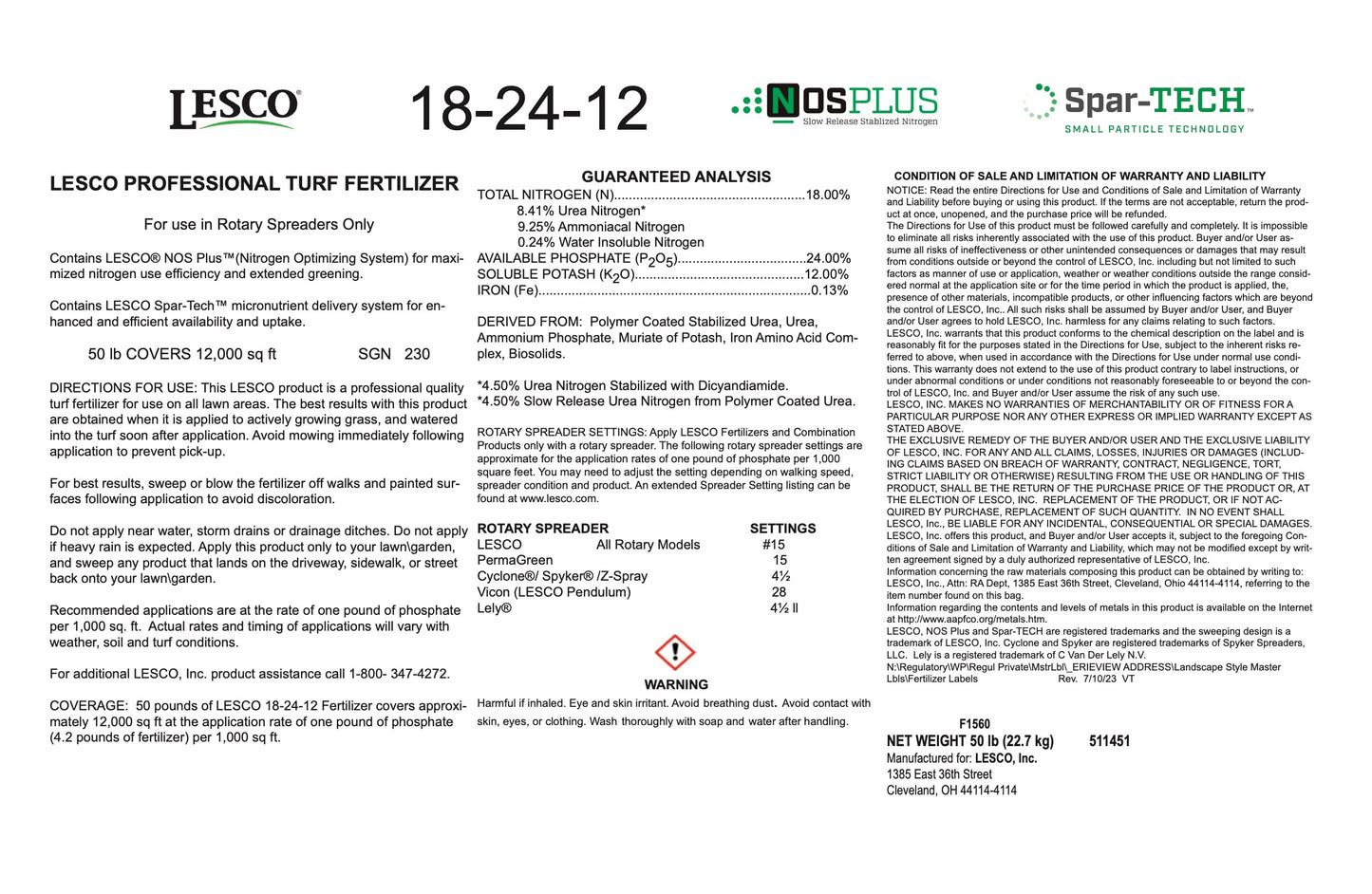 LESCO Starter 18-24-12 NOS Plus Spar-TECH Fertilizer