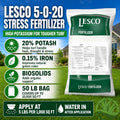 LESCO 5-0-20 Stress Fertilizer bag with product details on a grassy background