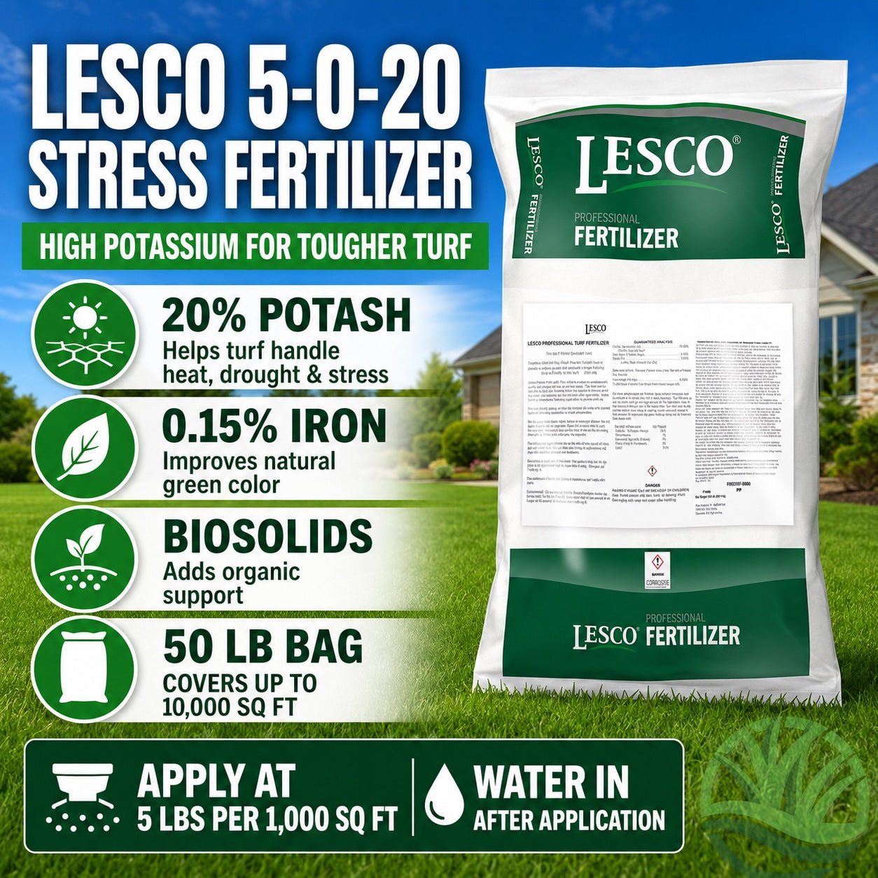 LESCO 5-0-20 Stress Fertilizer bag with product details on a grassy background