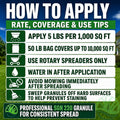 Lawn care application guide with text and icons on a grassy background