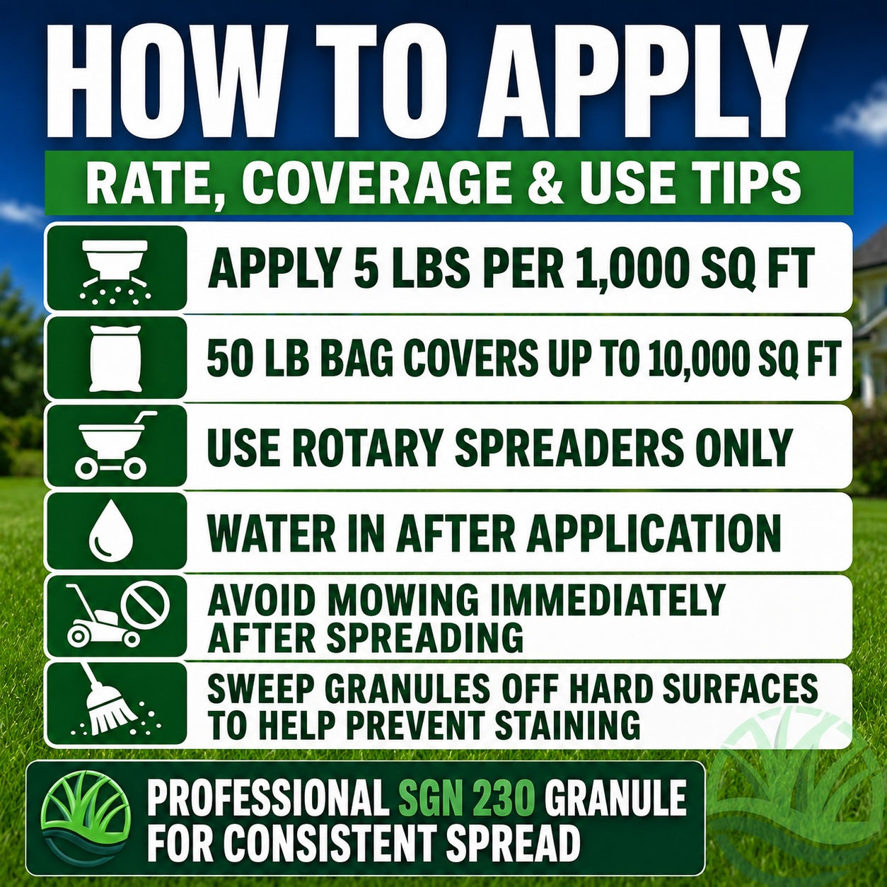 Lawn care application guide with text and icons on a grassy background