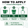 Instructions for applying Armada 50 WDG Fungicide with icons and text.