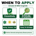Infographic on when to apply Armada 50 WDG Fungicide with preventive and symptomatic application guidelines.
