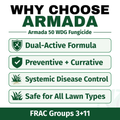 Promotional graphic for Armada 50 WDG Fungicide highlighting its features on a white background.