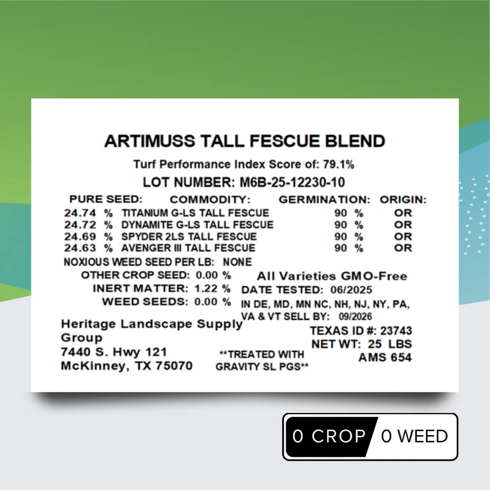 Product label for ArtimuSS Tall Fescue Blend with text details on a white background.