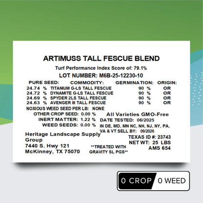 Product label for ArtimuSS Tall Fescue Blend with text details on a white background.