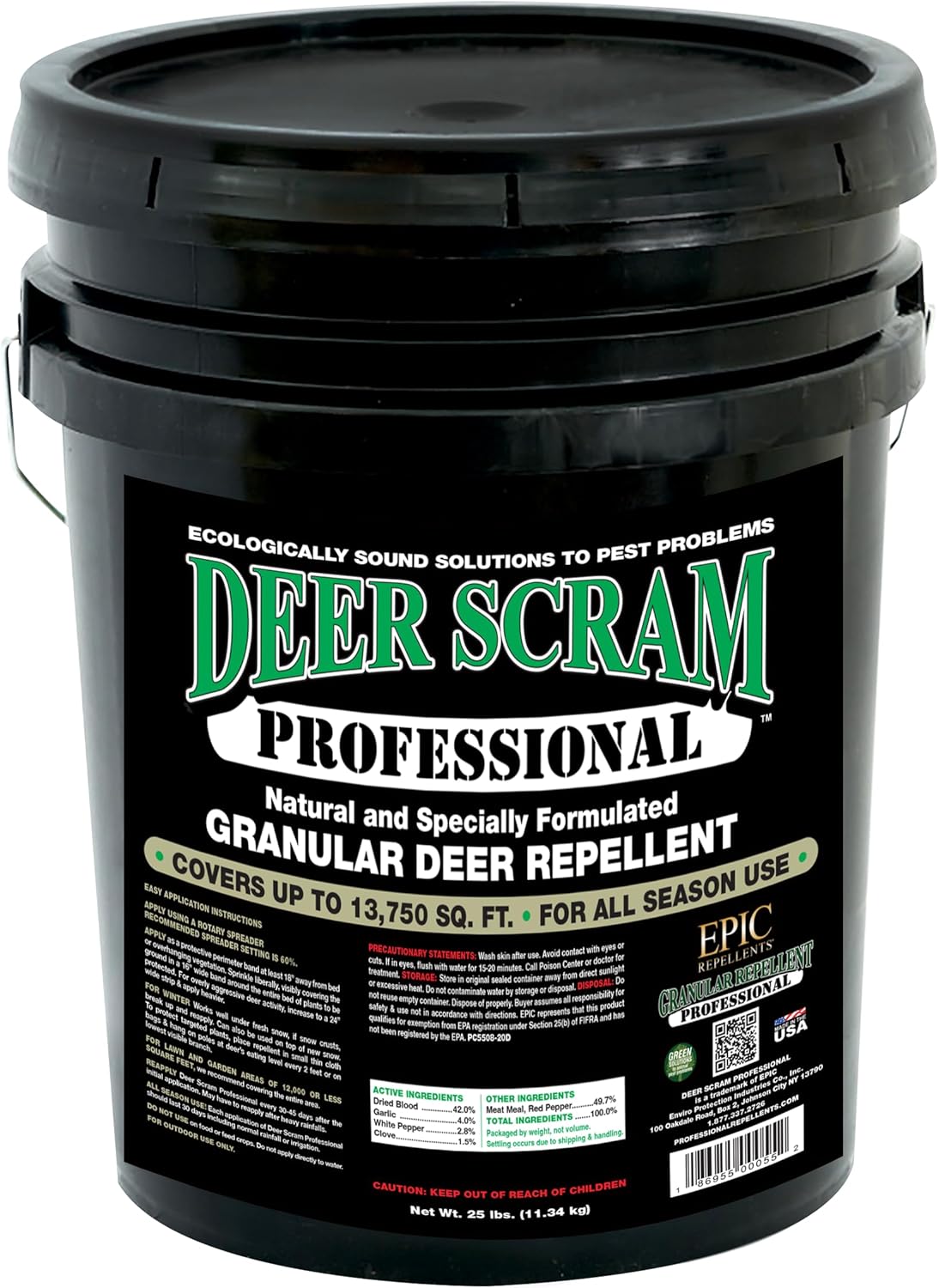 Black bucket of Deer Scram Professional Granular Deer Repellent on a white background