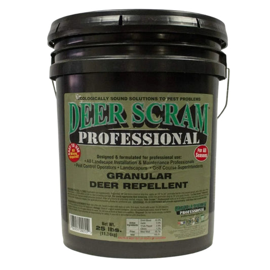 Black bucket of Deer Scram Professional Granular Deer Repellent on a white background
