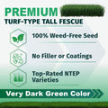 Promotional graphic for premium turf-type Envy tall fescue seed, showing green grass imagery and text claims including 100% weed-free seed, no filler or coatings, top-rated NTEP varieties, and very dark green color.