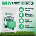 A bag of Lawn Synergy Envy Premium Tall Fescue Blend grass seed is shown on a light green background with promotional text and feature icons for color, disease resistance, fine texture, and cold tolerance, with grass at the bottom.