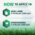 Instruction graphic titled 'HOW TO APPLY' with two application sections: 'NEW LAWN' at 8-10 lbs per 1,000 sq ft and 'OVERSEEDING' at 4-6 lbs per 1,000 sq ft, shown with lawn icons and a strip of green grass at the bottom for Envy tall fescue grass seed.