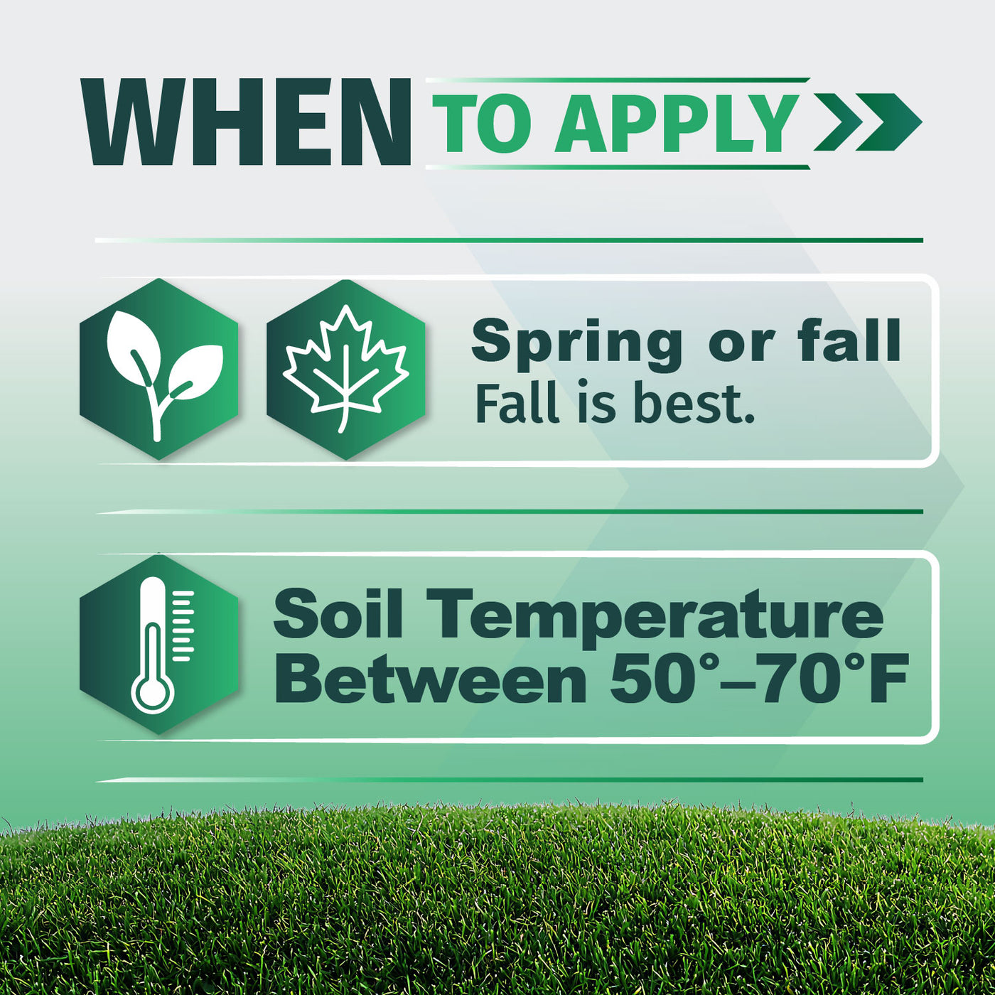 Application timing graphic for a envy tall fescue grass seed, showing text that says 'WHEN TO APPLY' with icons for leaf sprout and maple leaf indicating spring or fall, plus soil temperature between 50°F and 70°F, over a green grass background.