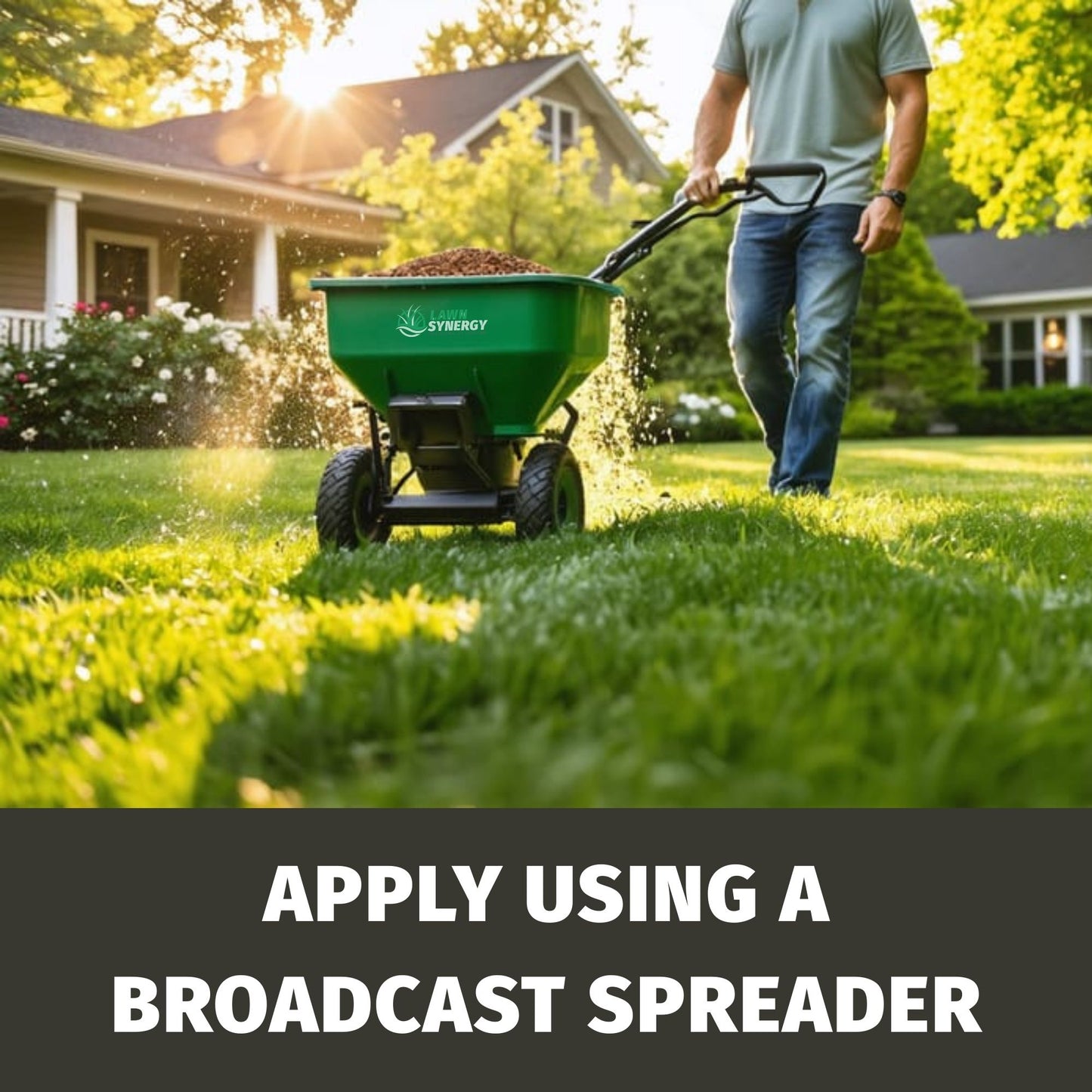 Person using a broadcast spreader to apply fertilizer on a lawn with a house in the background