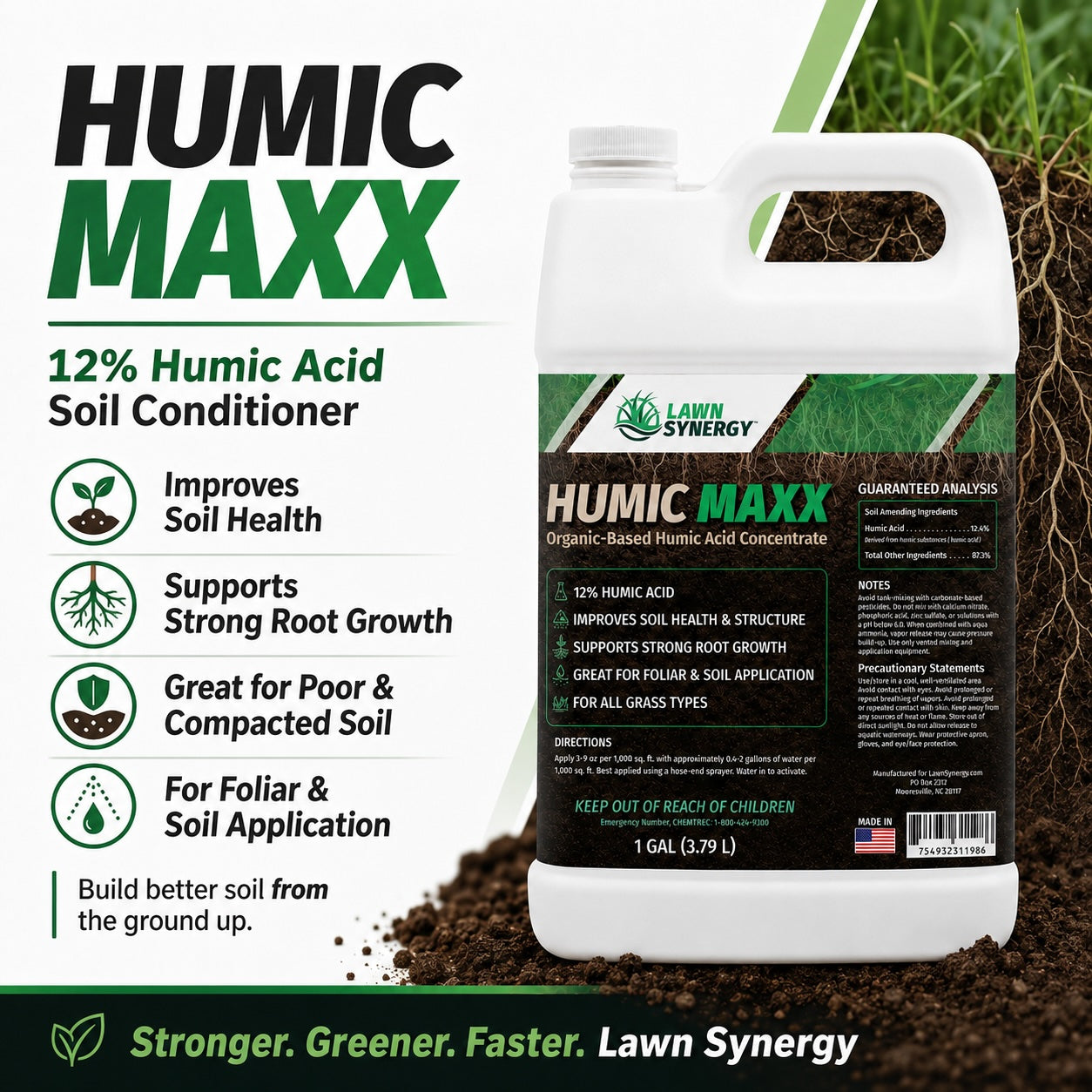 Humic Maxx soil conditioner bottle with text on a green background