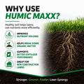 Advertisement for Humic Maxx showing grass roots and soil with benefits listed.