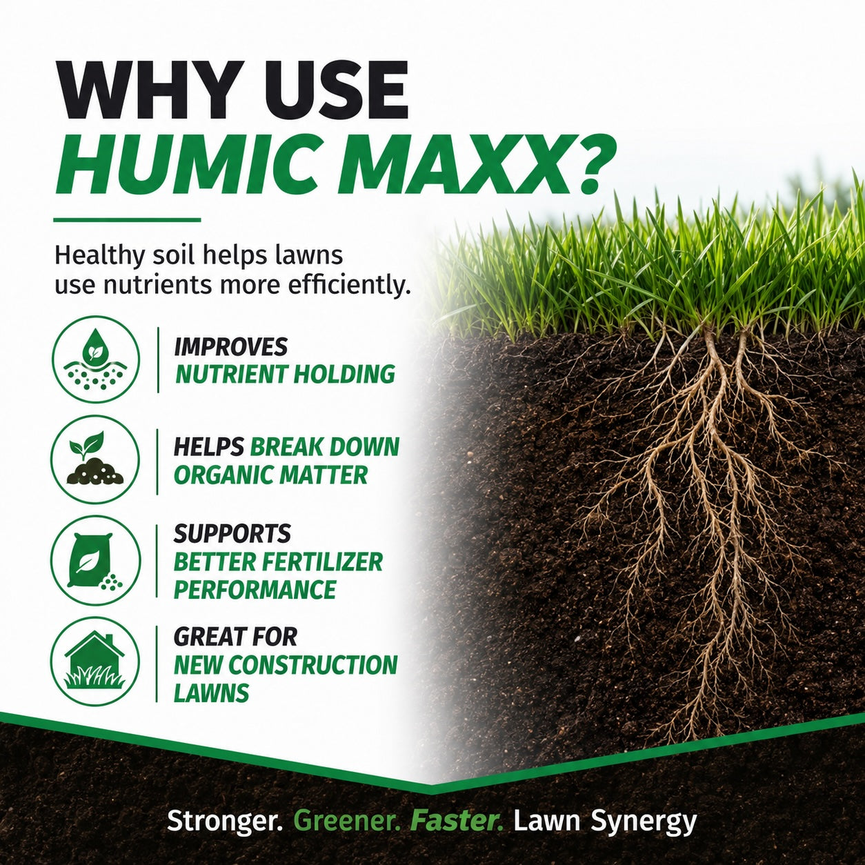 Advertisement for Humic Maxx showing grass roots and soil with benefits listed.