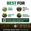 Product advertisement for lawn and garden use, highlighting benefits for home lawns, poor or compacted soil, landscape beds, and shrubs.