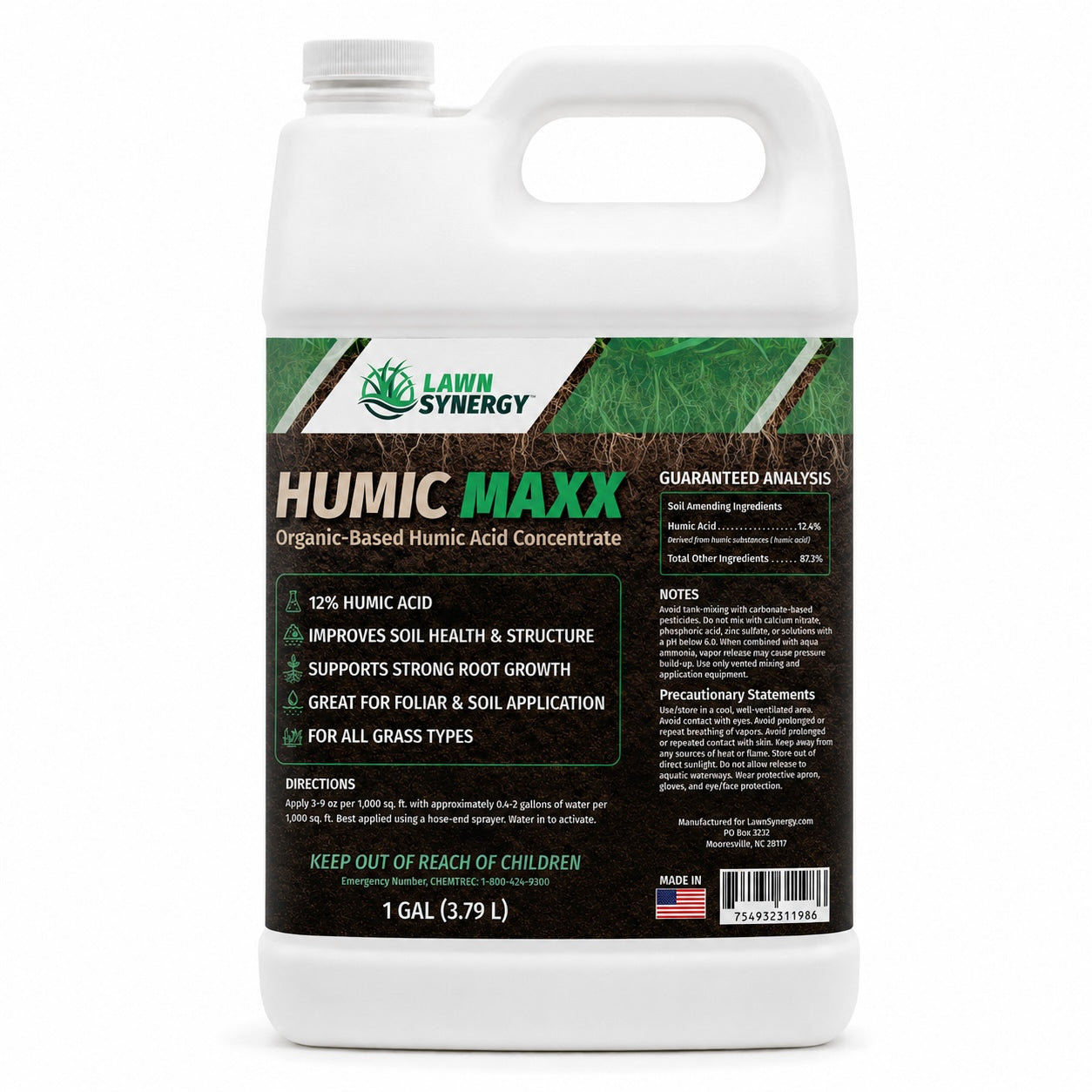 Lawn Synergy Humic Maxx fertilizer container on a white background