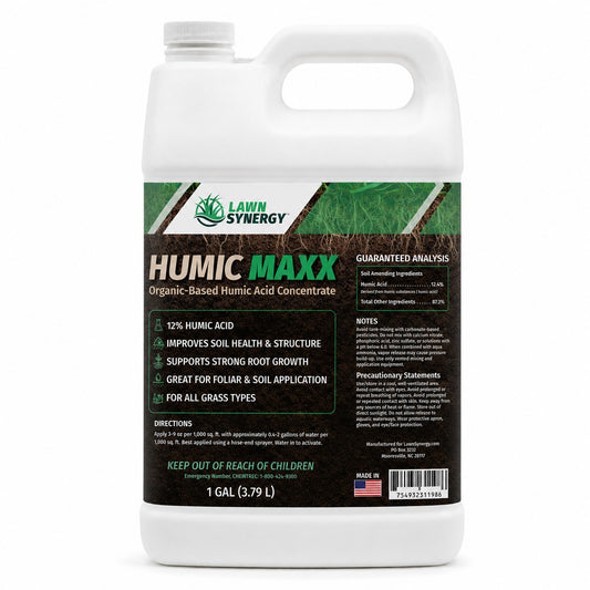 Lawn Synergy Humic Maxx fertilizer container on a white background