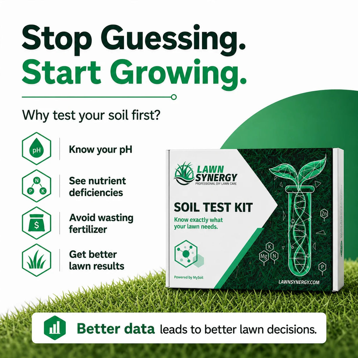 Advertisement for Lawn Synergy Soil Test Kit with text about testing soil and benefits on a grass background.