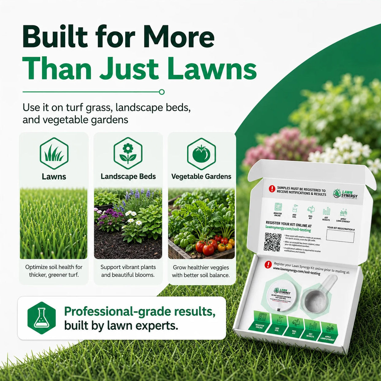 Lawn care product packaging with text about its uses on lawns, landscape beds, and vegetable gardens.