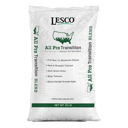 Bag of Lesco All Pro Transition turf seed blend on a white background