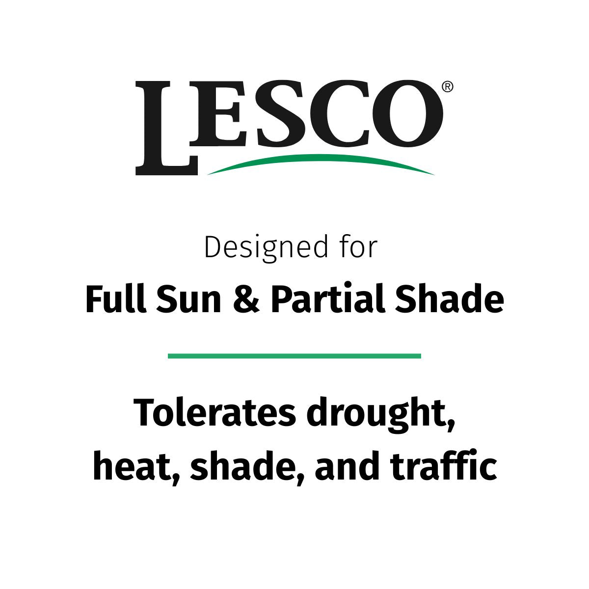LESCO logo with text about plant tolerance to sun, shade, drought, heat, and traffic on a white background