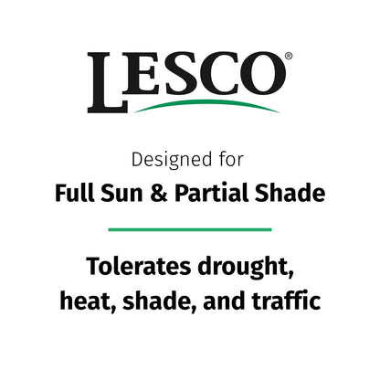 LESCO logo with text about plant tolerance to sun, shade, drought, heat, and traffic on a white background