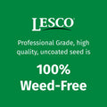 Green background with LESCO logo and text about professional grade seed being 100% weed-free.