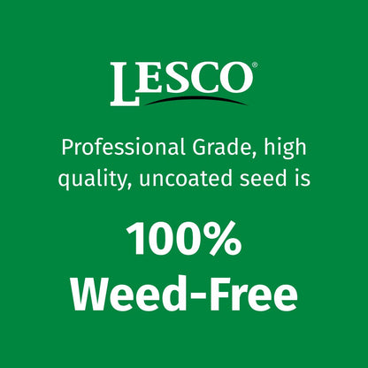 Green background with LESCO logo and text about professional grade seed being 100% weed-free.