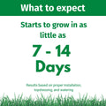Promotional text about grass growth expectations with a green background and grass at the bottom.