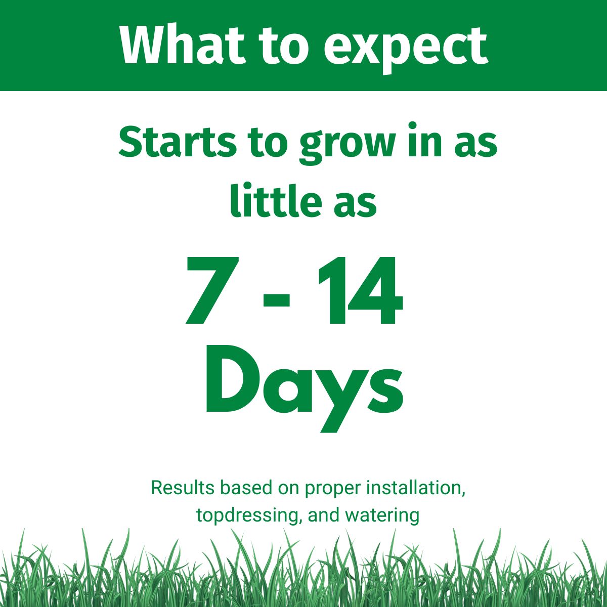 Promotional text about grass growth expectations with a green background and grass at the bottom.