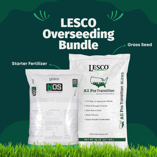 LESCO Overseeding Bundle with grass seed and fertilizer on a green background