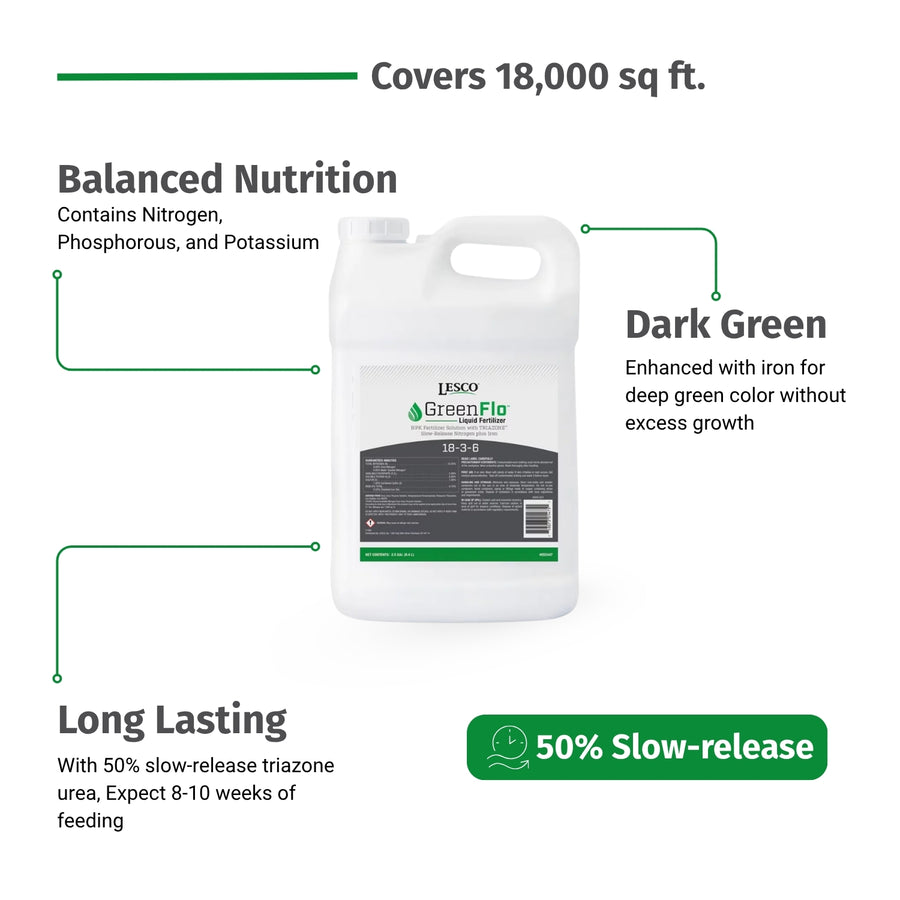 LESCO 18-3-6 Liquid Fertilizer - 50% Controlled-Release Nitrogen with Iron LESCO 18-3-6 Liquid Fertilizer - 50% Controlled-Release Nitrogen with Iron
