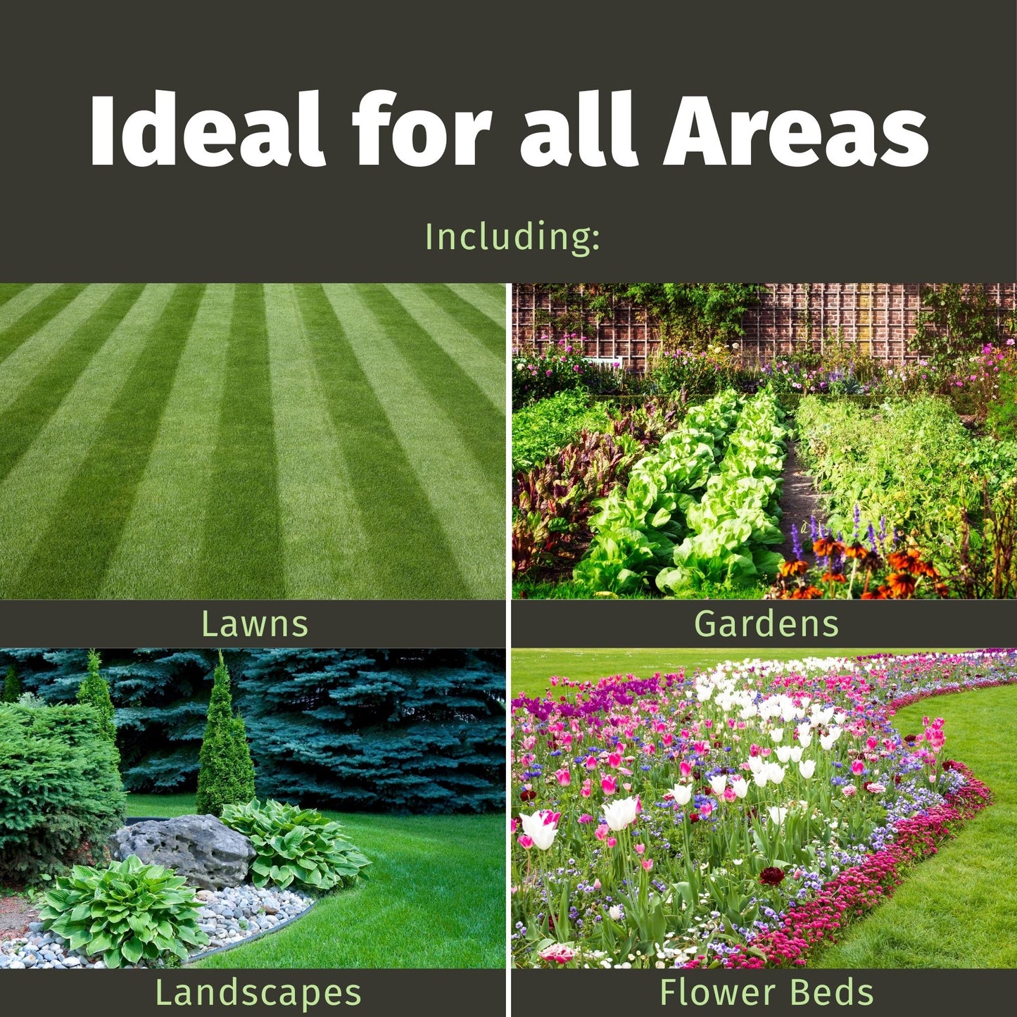 Advertisement for lawn and garden products with images of grass, flowers, and landscapes.