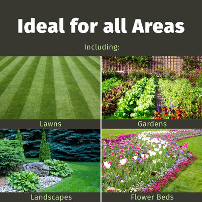 Advertisement for lawn and garden products with images of grass, flowers, and landscapes.