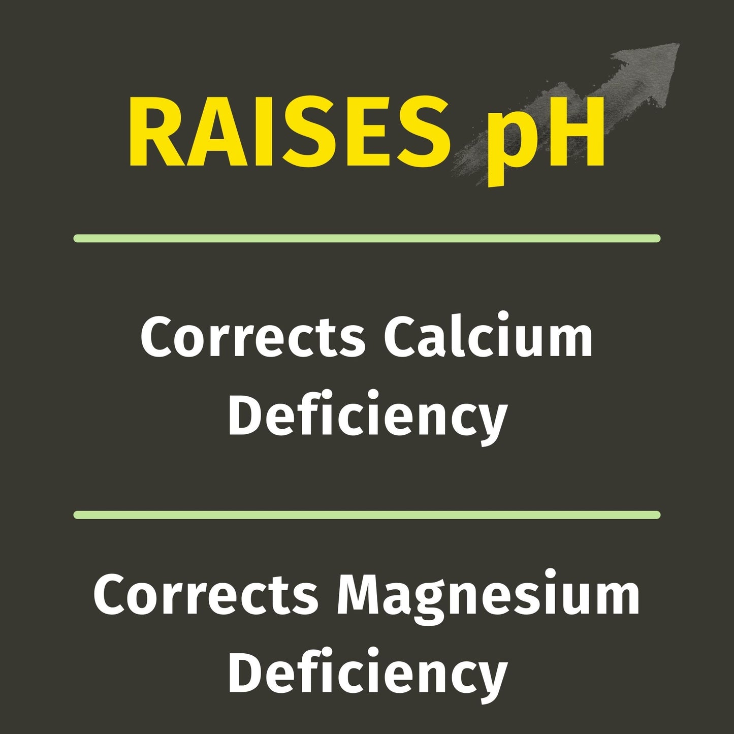Text on a black background indicating the benefits of a product or solution, including raising pH, correcting calcium deficiency, and correcting magnesium deficiency.