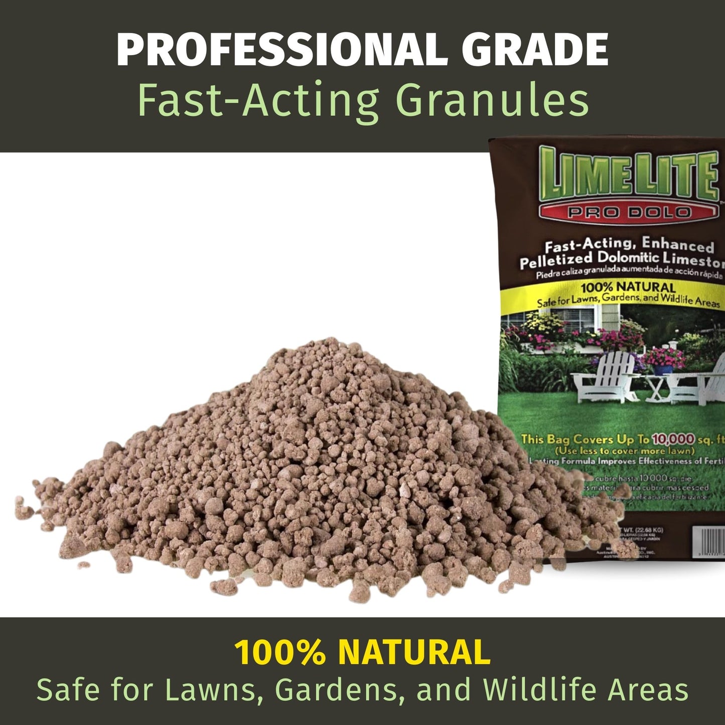 Professional grade fast-acting granules with a bag labeled 'Lime Lite' on a white background.