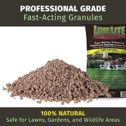 Professional grade fast-acting granules with a bag labeled 'Lime Lite' on a white background.