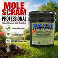 Mole Scram Professional mole repellent product with a mole on the ground.