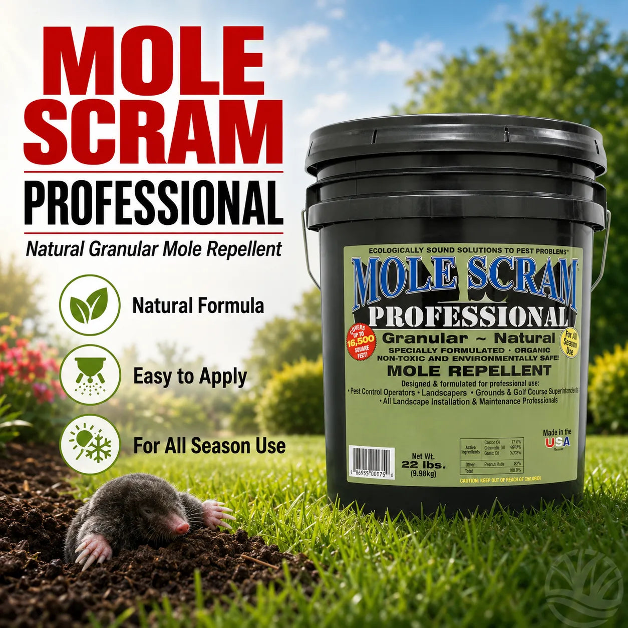 Mole Scram Professional mole repellent product with a mole on the ground.