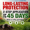 Advertisement for long-lasting protection with 2-step application and 45-day duration, featuring a mole and garden setting.