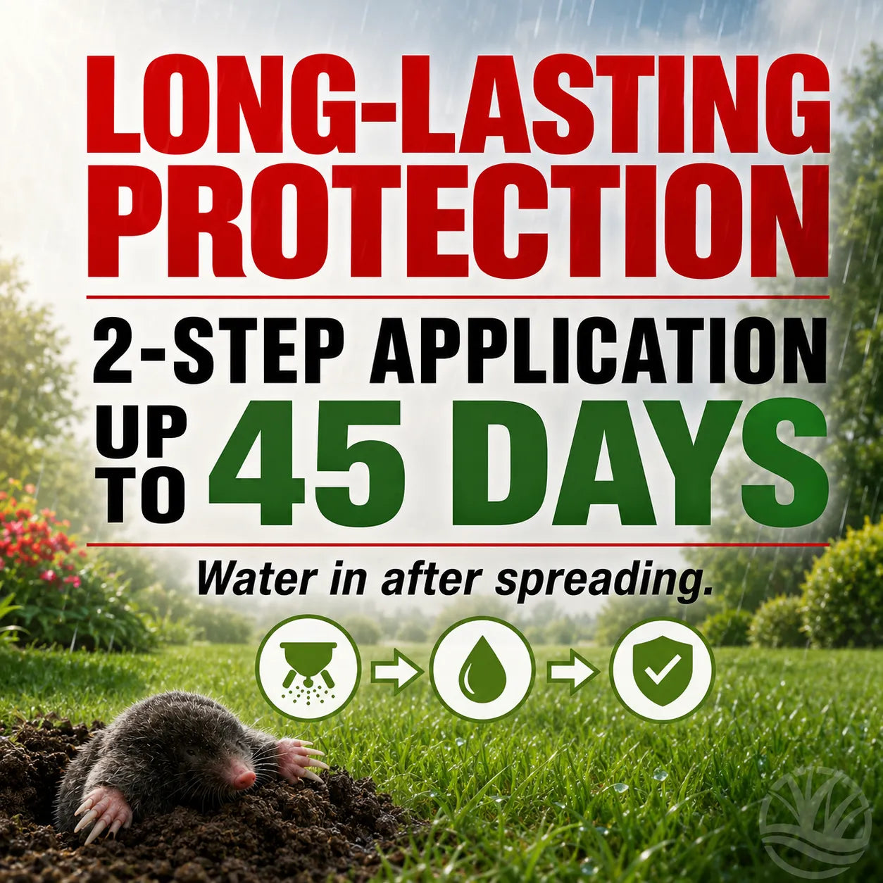 Advertisement for long-lasting protection with 2-step application and 45-day duration, featuring a mole and garden setting.
