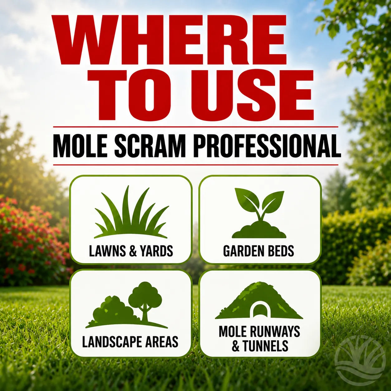 Advertisement for Mole Scram Professional showing where to use it on a lawn and garden.