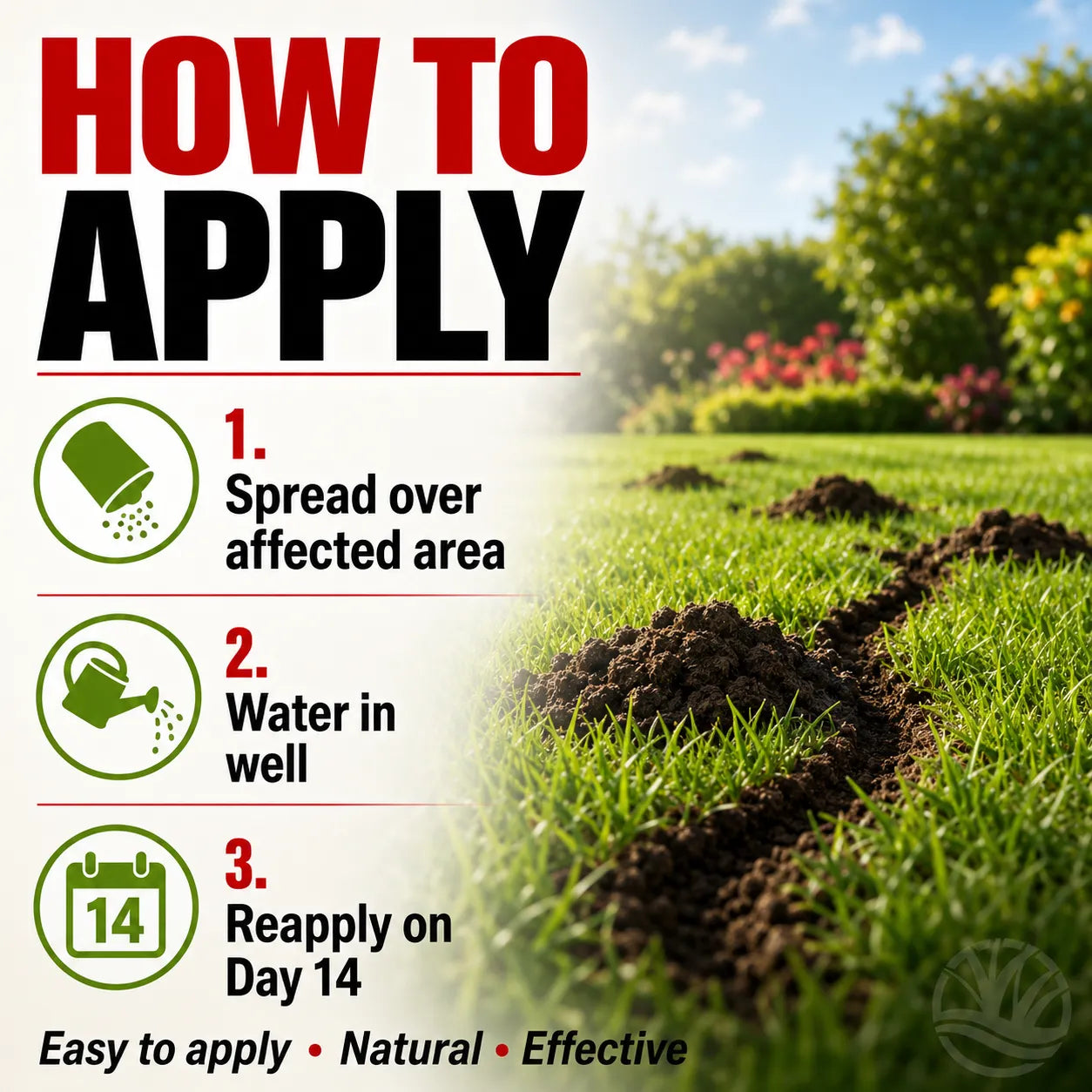 Instructions on how to apply a mole scram professional to grass with a clear sky and garden background.
