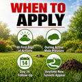 Instructions on when to apply mole control with icons and text overlay on a grassy background.