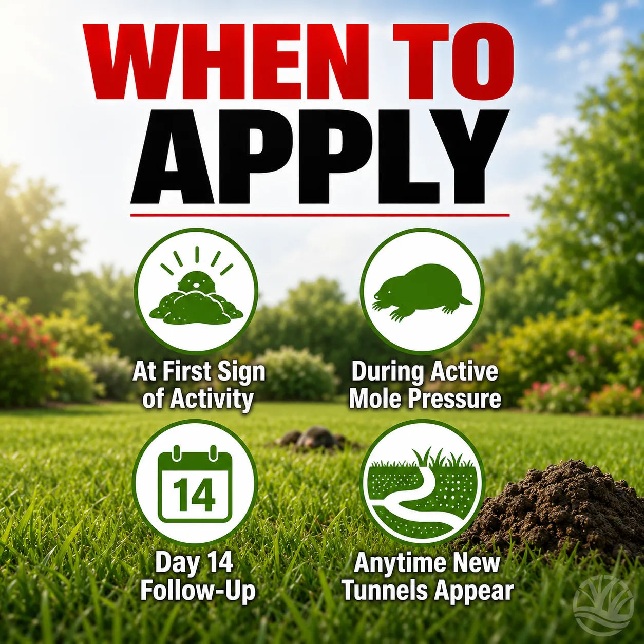 Instructions on when to apply mole control with icons and text overlay on a grassy background.