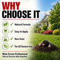 Why use Mole Scram Professional natural granular mole repellent with a house and garden in the background.